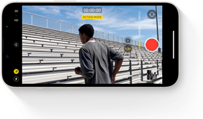 A frame of an Action mode clip showing a person running up a set of stairs.