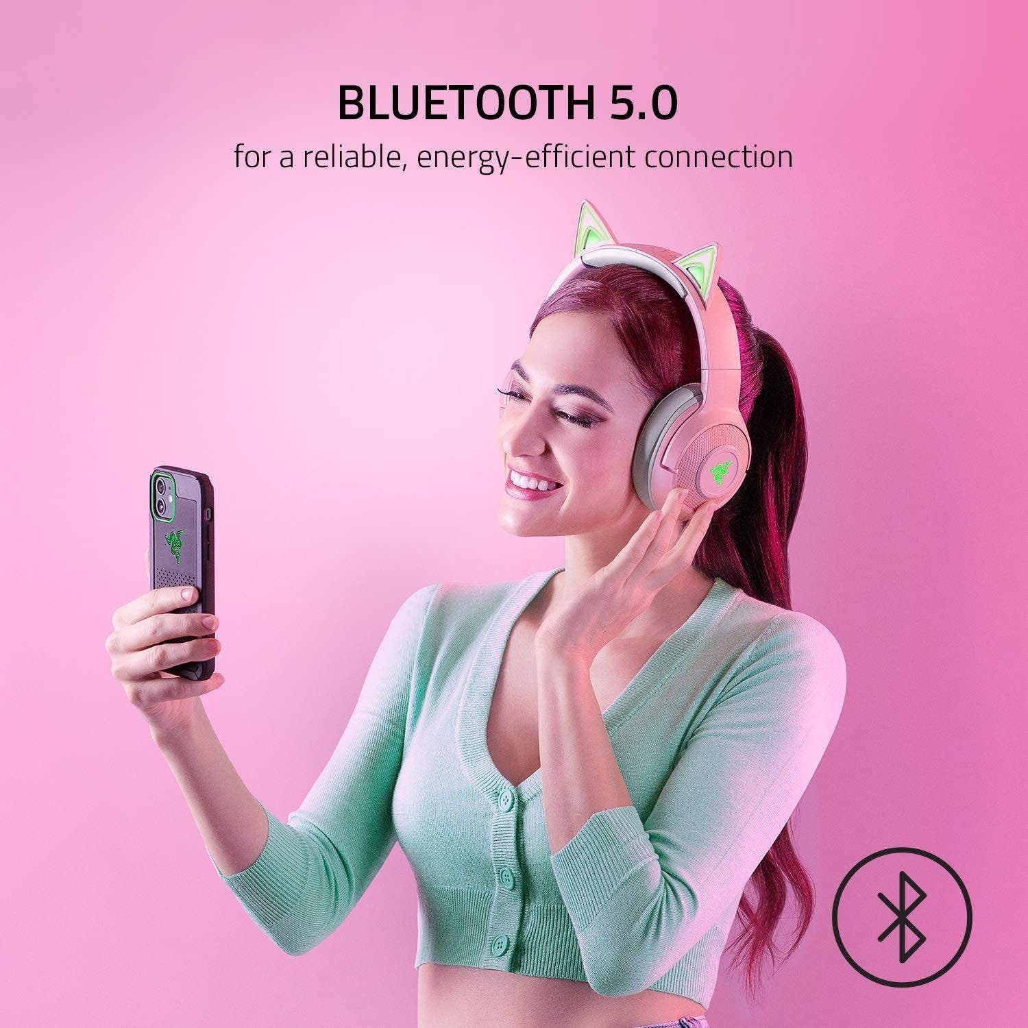Razer Kraken Bt Kitty Edition - Wireless Bluetooth Headset With Chroma Rgb, 40Ms Low Latency Connection, Custom-Tuned 40Mm Drivers, Beamforming Microphone, Quartz Pink (RZ04-03520100-R3M1)