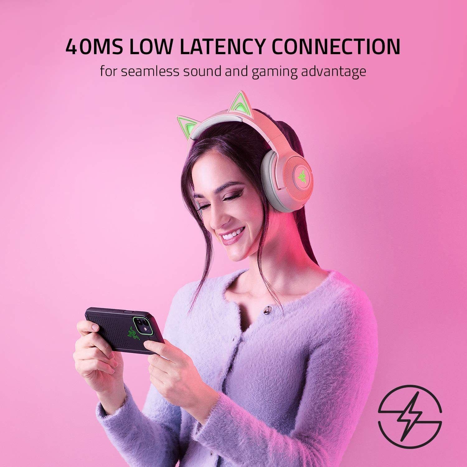 Razer Kraken Bt Kitty Edition - Wireless Bluetooth Headset With Chroma Rgb, 40Ms Low Latency Connection, Custom-Tuned 40Mm Drivers, Beamforming Microphone, Quartz Pink (RZ04-03520100-R3M1)