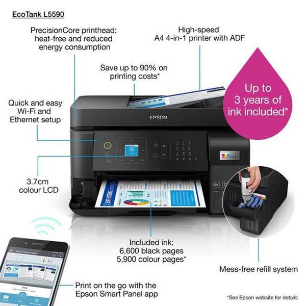 EPSON EcoTank L5590 Home Ink Tank Printer, High-speed A4 colour 3-in-1 printer with Wi-Fi Direct - Black