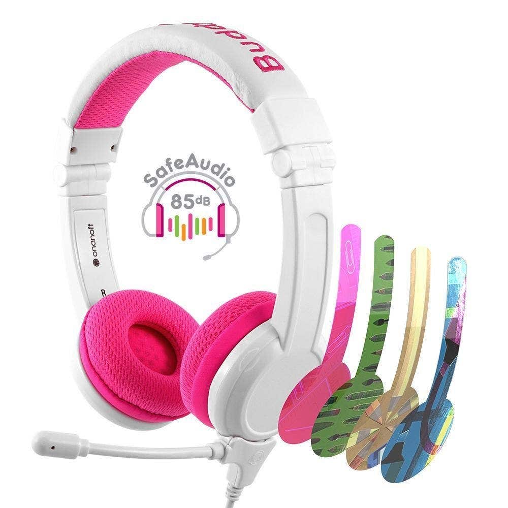 BuddyPhones School+ Safe Audio School Headphones for Kids, Pink
