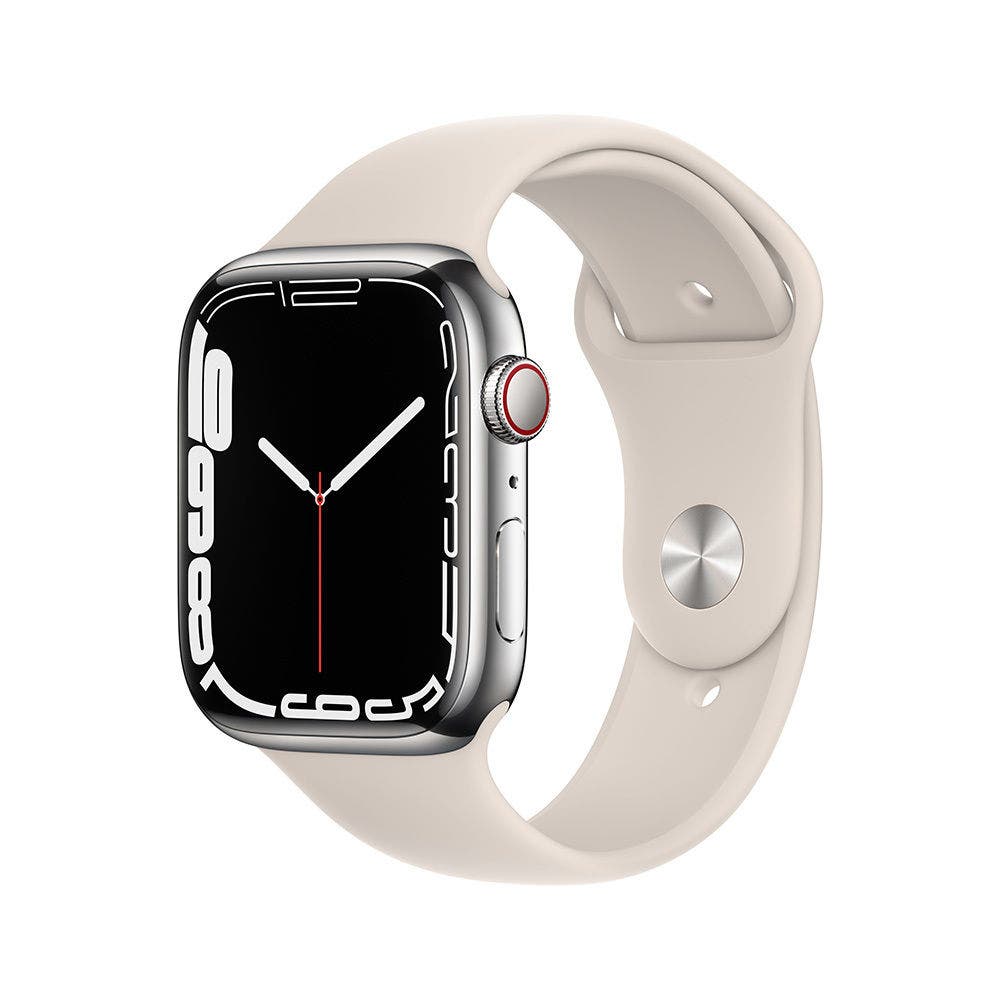 Apple Watch Series 7 GPS+ Cellular, Silver Stainless Steel Case with Starlight Sport Band