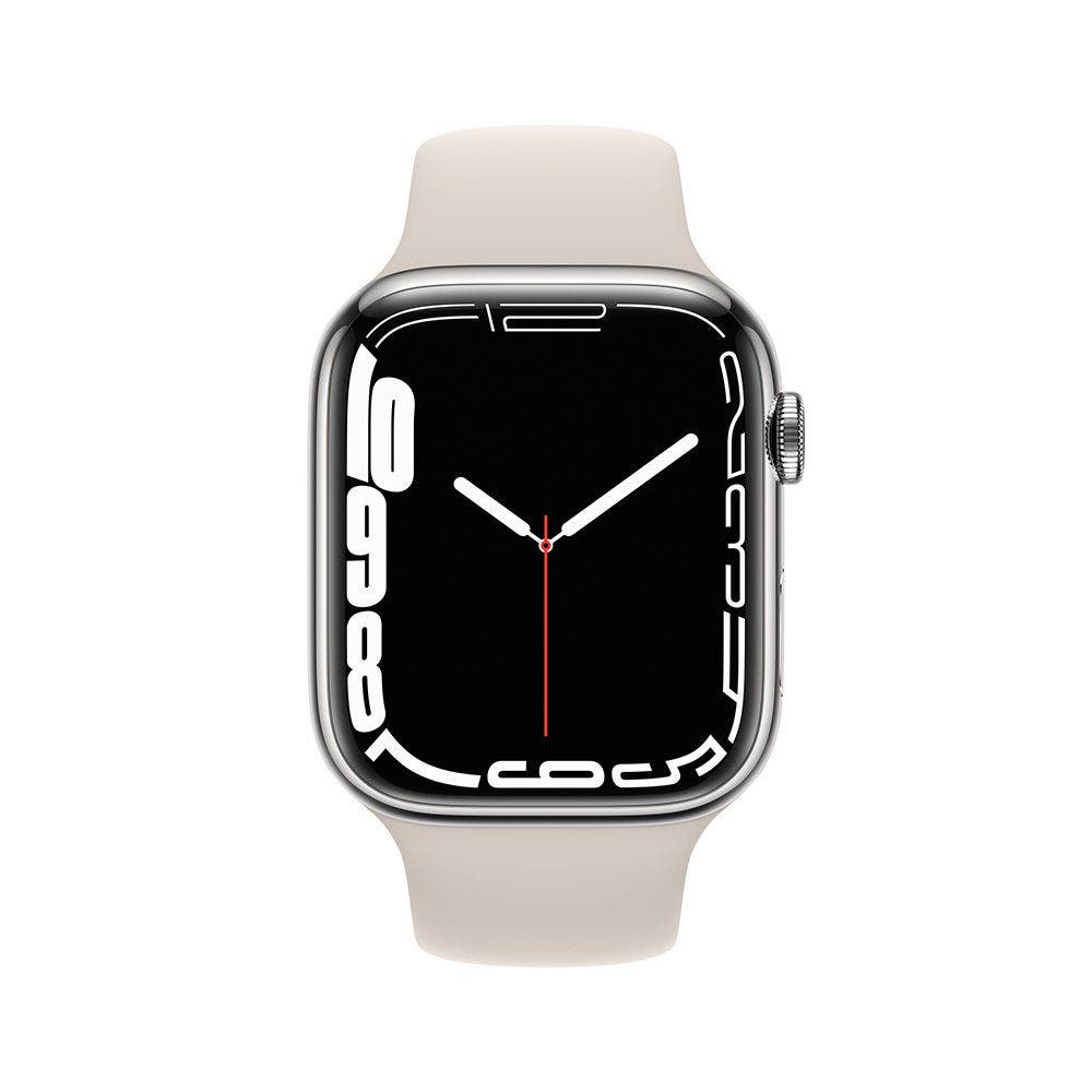 Apple Watch Series 7 GPS+ Cellular, Silver Stainless Steel Case with Starlight Sport Band