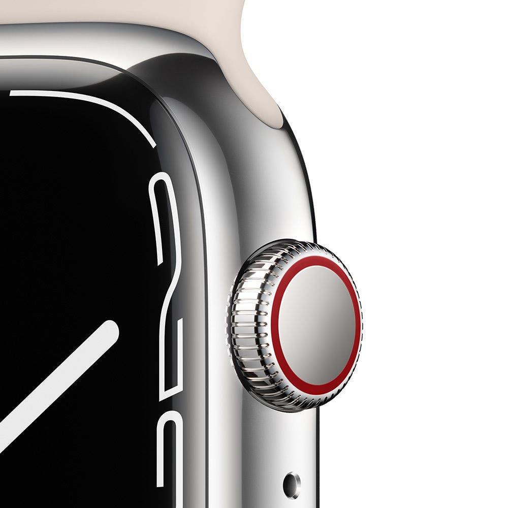Apple Watch Series 7 GPS+ Cellular, Silver Stainless Steel Case with Starlight Sport Band