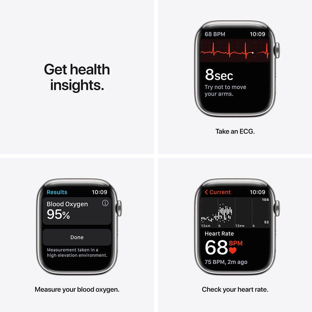 Apple Watch Series 7 GPS+ Cellular, Silver Stainless Steel Case with Starlight Sport Band