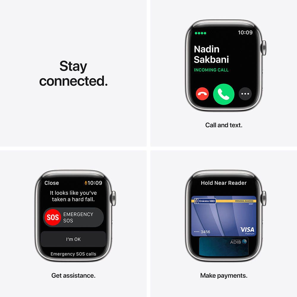 Apple Watch Series 7 GPS+ Cellular, Silver Stainless Steel Case with Starlight Sport Band