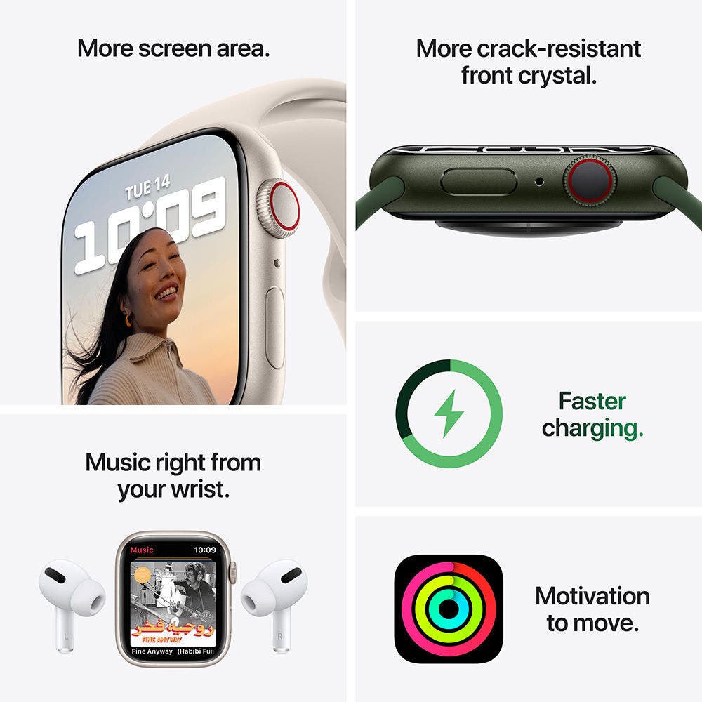 Apple Watch Series 7 GPS+ Cellular, Silver Stainless Steel Case with Starlight Sport Band