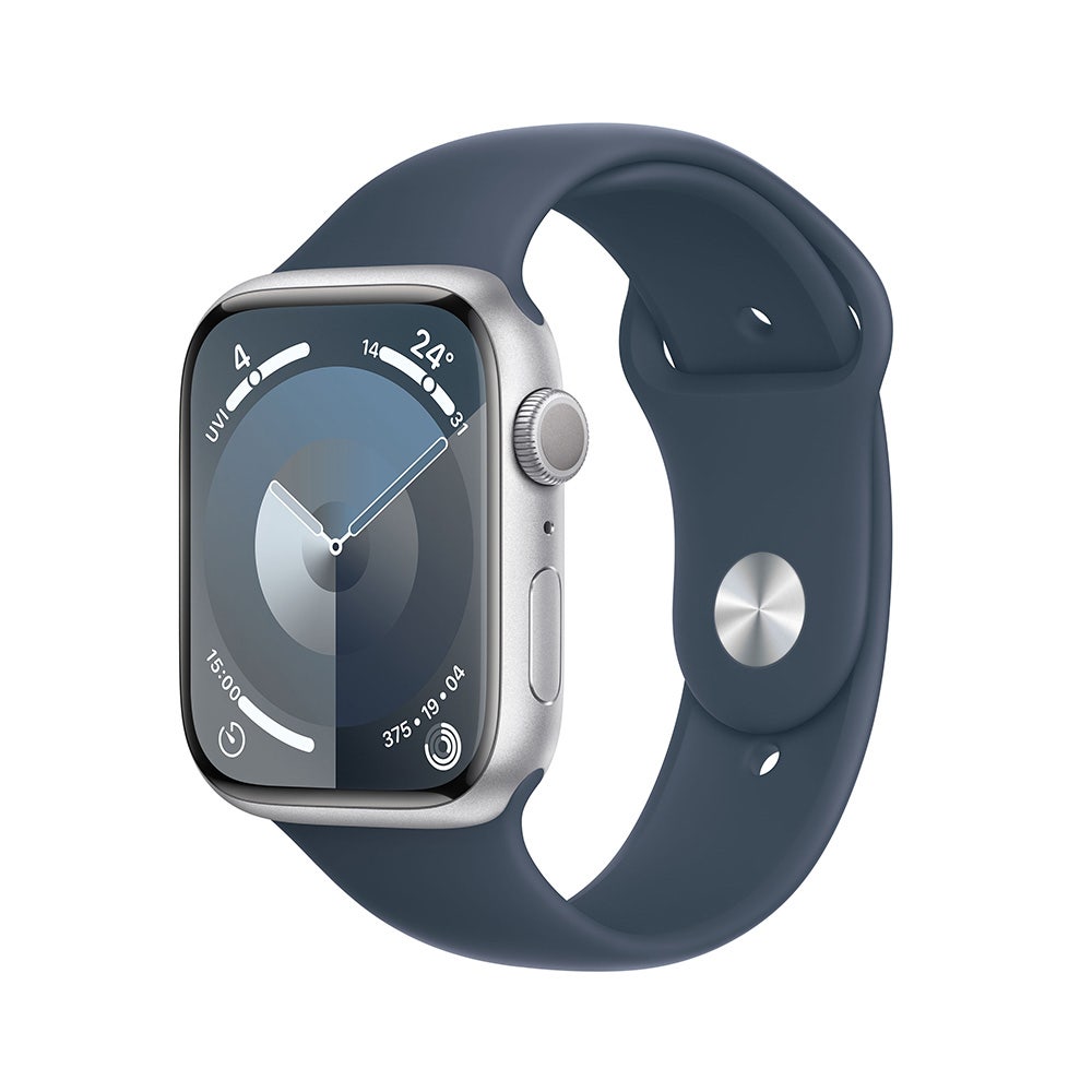 Apple Series 9 GPS 45mm Silver Aluminium Case with Storm Blue Sport Band - Medium/Large