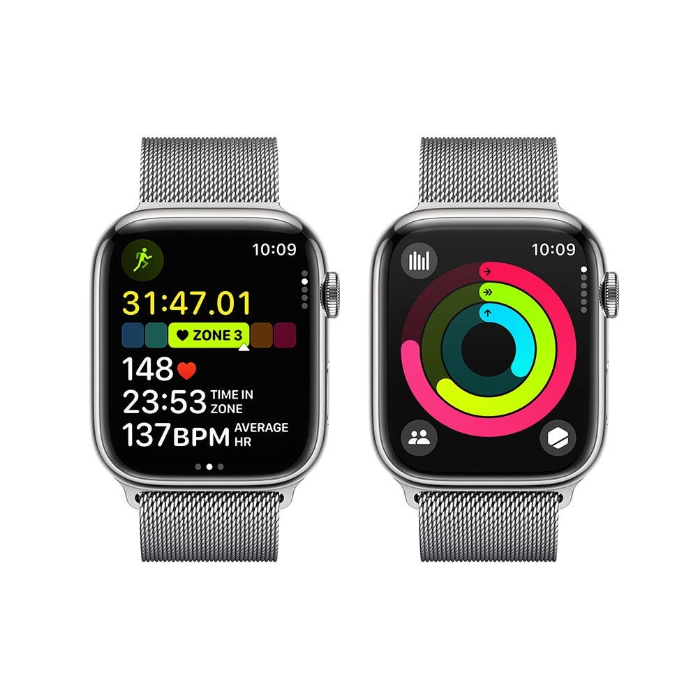 Apple Series 9 GPS + Cellular 45mm Silver Stainless Steel Case with Silver Milanese Loop