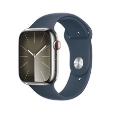 Apple Series 9 GPS + Cellular 41mm Silver Stainless Steel Case with Storm Blue Sport Band - Small/Medium