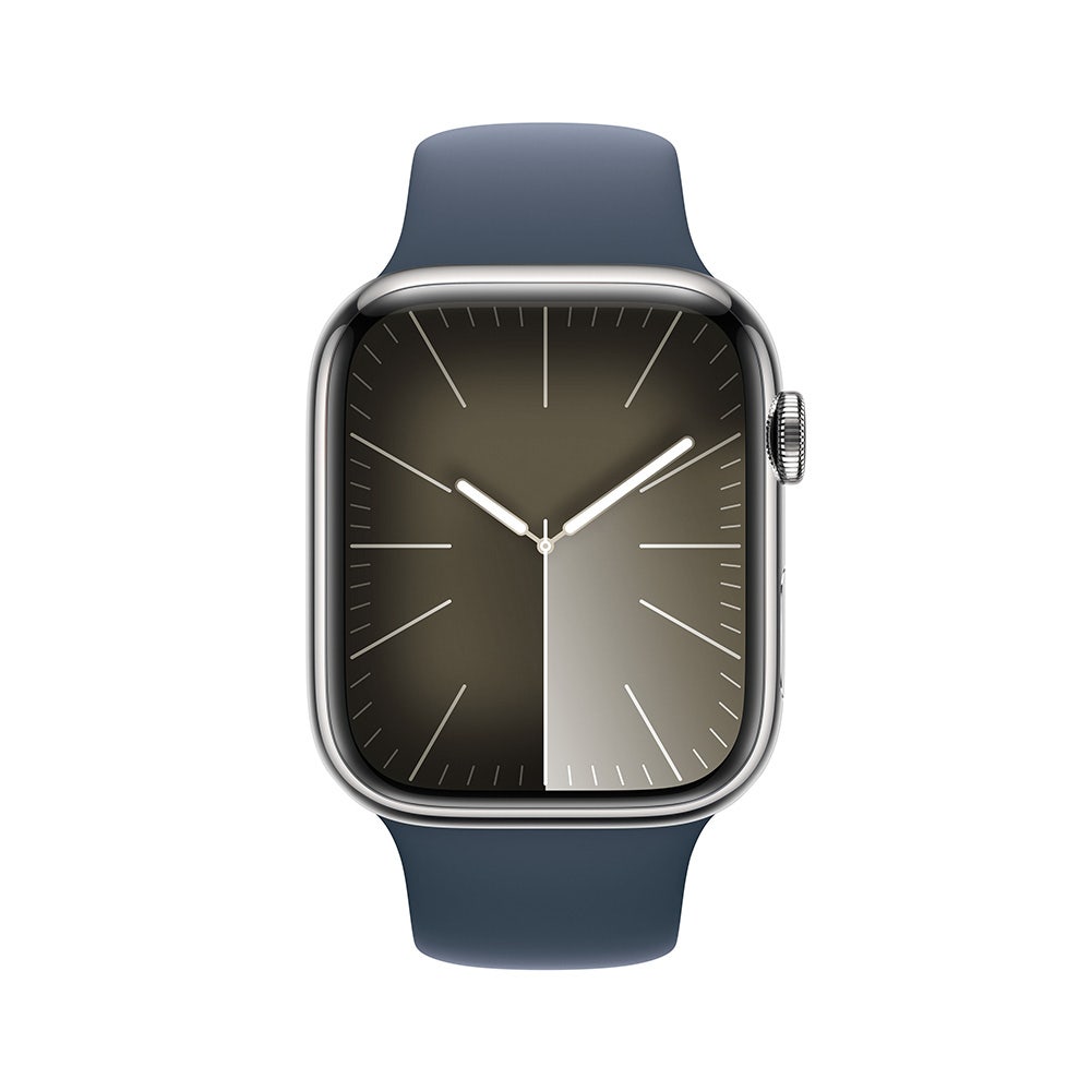 Apple Series 9 GPS + Cellular 45mm Silver Stainless Steel Case with Storm Blue Sport Band - Small/Medium
