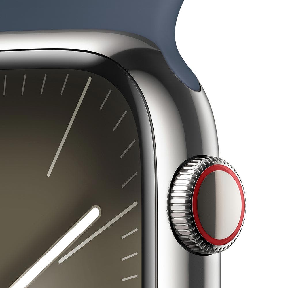 Apple Series 9 GPS + Cellular 45mm Silver Stainless Steel Case with Storm Blue Sport Band - Small/Medium