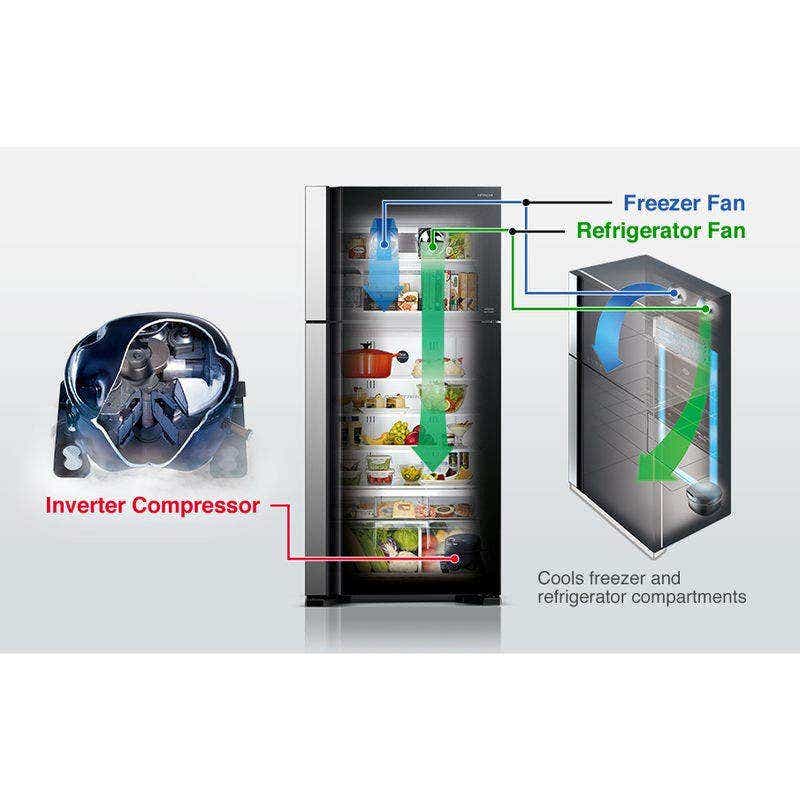 Hitachi RVG710PUK7GBK 710L Top Mount Refrigerator, Glass Black